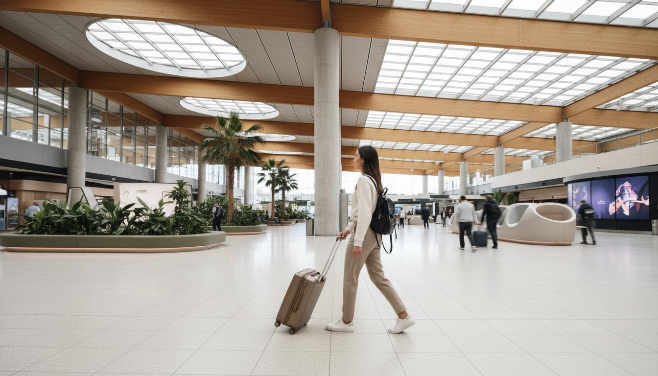 modern traveler walking in airport with suitcase travel gear
