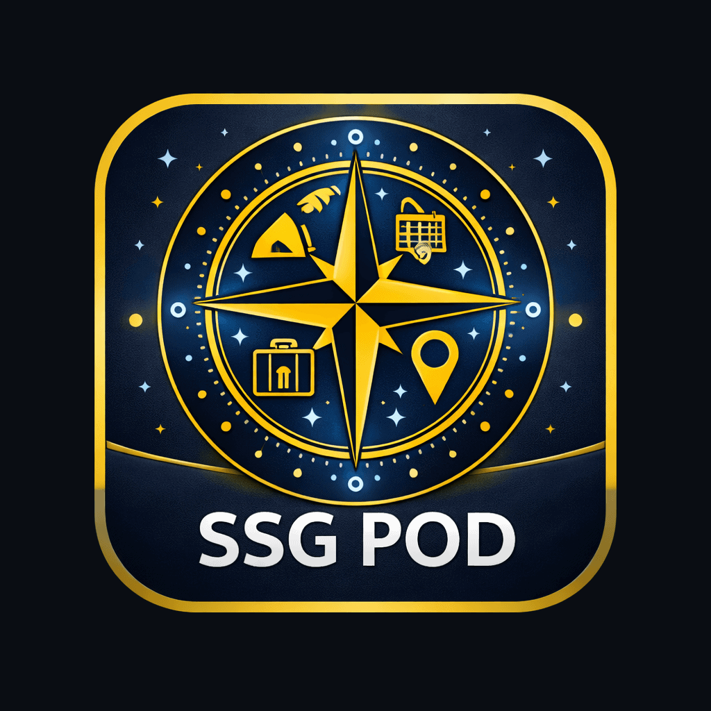 Travel safety gear icon with compass, suitcase, and location symbols for home page.