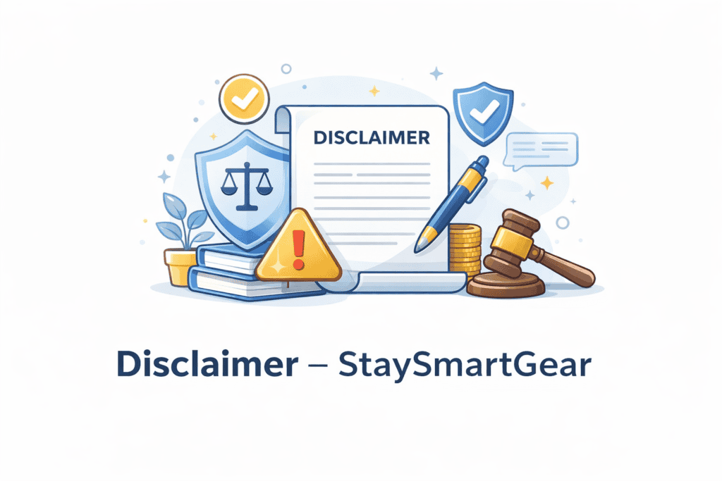 Website Disclaimer illustration with legal document, shield and policy concept – StaySmartGear