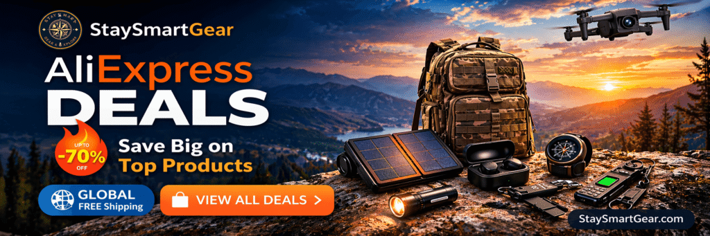 AliExpress deals banner with outdoor travel gear, backpack, drone, solar charger and gadgets – save up to 60% on top products