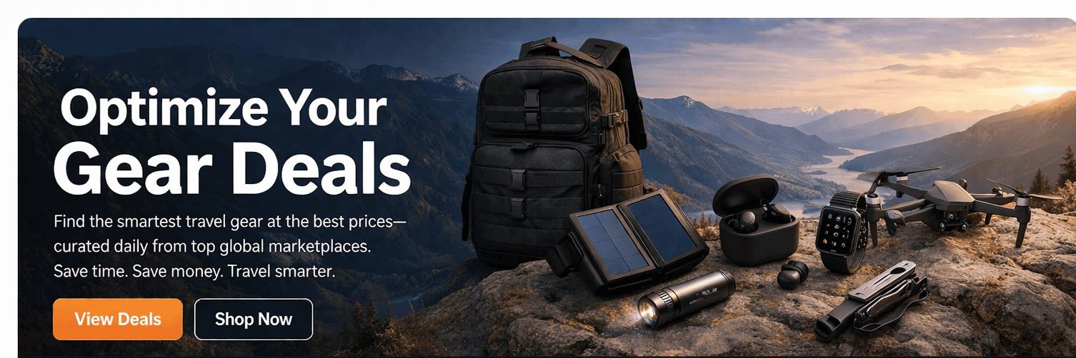 Optimize your gear deals page showing travel backpacks, gadgets, and top gear categories TRAVEL DEALS